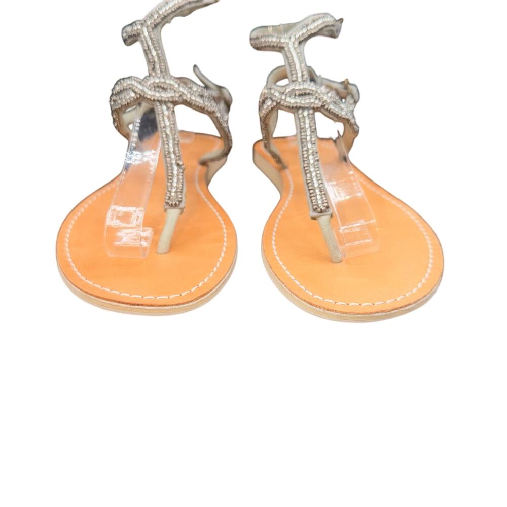 Cocobelle Beaded Leather T Strap Sandals Gray EU 38 US 7.5 Flat Boho - Picture 2 of 11
